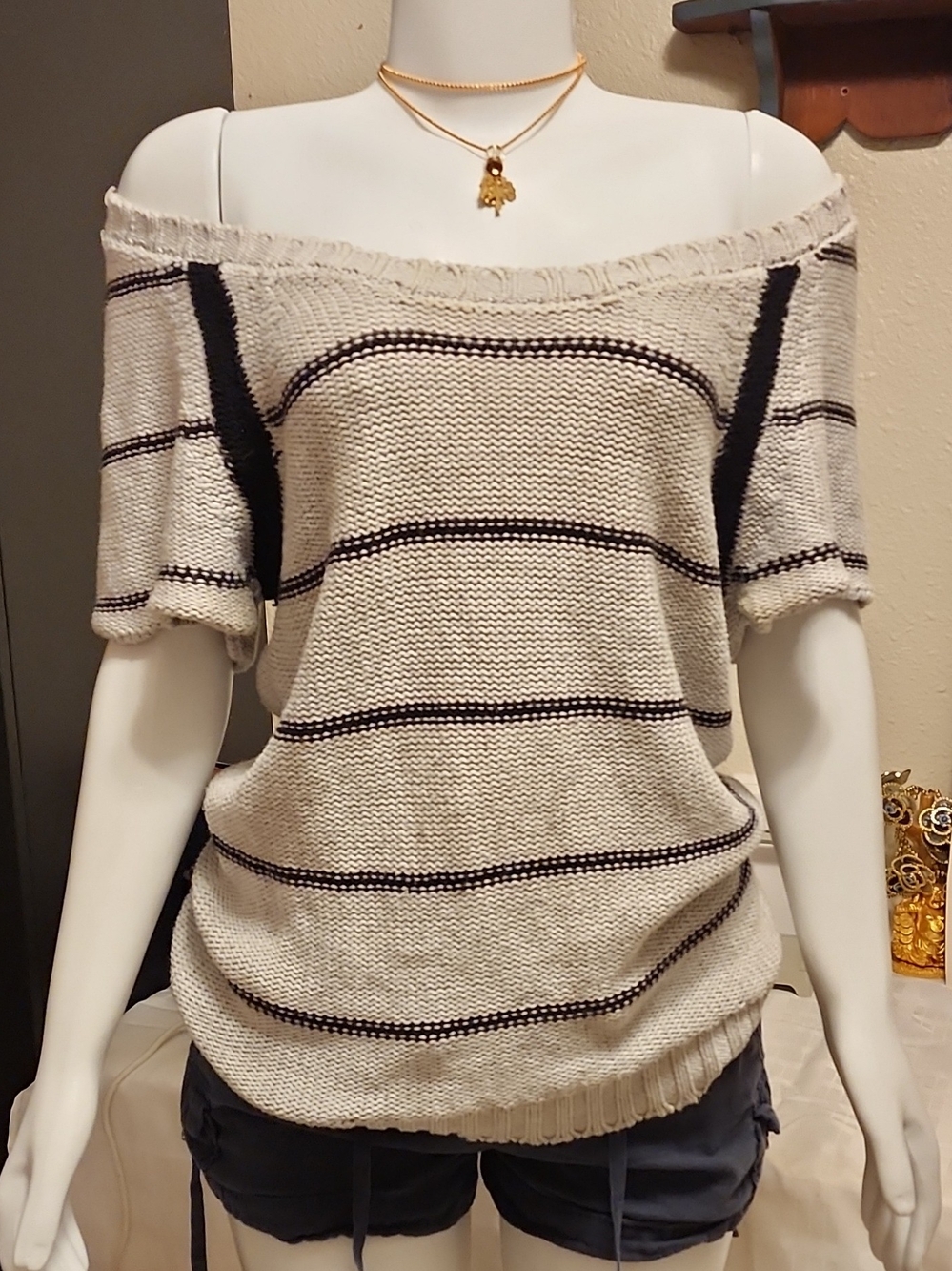 27 Miles Malibu Cream and Black Striped Off-Shoulder Sweater